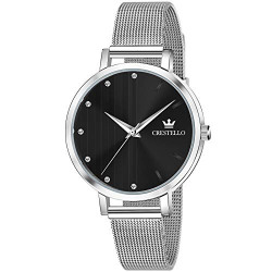 CRESTELLO CR-L103-BLK-CH Mesh Steel Chain Analog Wrist Watch for Women