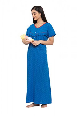 Fabme Women's Cotton Printed Floor Length Nursing Nighty (Light Blue_Free Size_NW0243LBU)