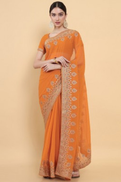 soch Solid/Plain Bollywood Georgette Saree(Orange)