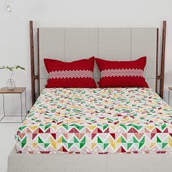 Trident Feather Tales Bed Sheet Set with 2 Pillow Covers, 144 Thread Count, Queen Size, 100% Cotton - Trippy Triangles Red