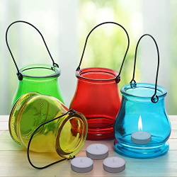ABOUT SPACE Hanging Tea Light Candle Holders - 4 Pcs Holders with Candles-Multicolored Glass Votive Lanterns with Handles for Home Decoration, Dining, Hotels, Restaurants, Indoor & Outdoor Parties