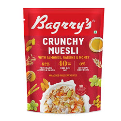 Bagrry's Crunchy Muesli | 40% Fibre Rich Oats with Bran | 82% Multi Grains, Almonds, Raisins & Honey | Breakfast Cereal | Natural Muesli , 400g /425g Pouch (Weight May Vary)
