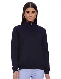 Styleville.in High Neck Zipper with Self Rib On Neck Sleeves and Bottom Blue