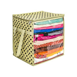 PrettyKrafts XL Saree Cover / sari organizer with handles and transparent front ( 15*12*15 In), Ivory Dots