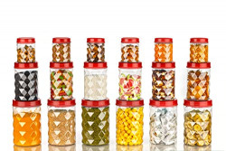 Clazkit Plastic Pet Storage Jar and Container Set of 18 (6 x 350ml, 6 x 650ml, 6 x 1.20ltrs), Red | Air Tight | Kitchen Organiser | BPA Free | Stackable