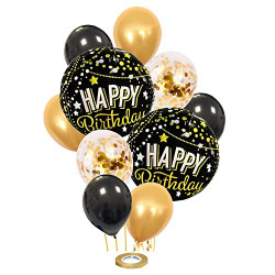 AMFIN (Pack of 11) Happy Birthday Round Foil Balloon Combo for Adult, Friends, Husband, Boyfriend, Girlfriend, Wife Party Decorations / 1st Birthday Balloons Decoration Kit - Black & Golden