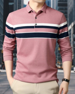 EyeBogler Striped Men Polo Neck White, Pink, Navy Blue T-Shirt