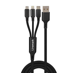 LIRAMARK 3 in 1 Nylon Braided Fast Charging Cable for Type-C, Micro Usb and iPhone Pins For All Smartphones (Black)