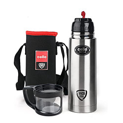 Cello Instyle Vacuum Insulated Flask with Jacket | Hot and Cold Water Bottle | Double Walled Stainless Steel Bottle for Travel, Home, Office, School | 1000ml, Silver
