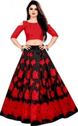 jahal fashion Printed Semi Stitched Lehenga Choli(Red, Black)