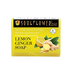 Soulflower Lemon Ginger Soap | Pigmentation, Signs of Ageing, Acne, Dull Skin | Handmade, Natural, Cold processed, Premium, Luxurious Soap | Lemon Oil, Ginger, Turmeric, Vitamin E | 150g