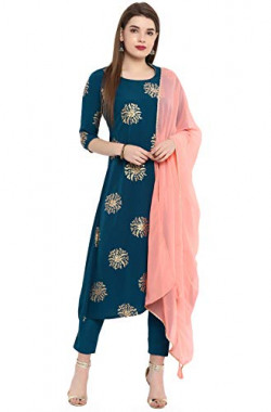 Janasya Women's Turquoise Blue Poly Crepe A-Line Kurta with Pant and Dupatta(Turquoise Blue_Large)