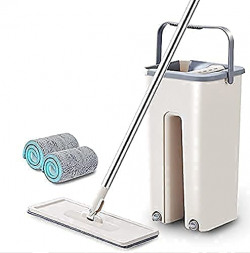Crest Heavy Quality Floor Mop with Bucket, Flat Squeeze Cleaning Supplies 360 Flexible Mop Head/2 Reusable Pads Clean Home Floor Cleaner Deep Clean (STANDER)