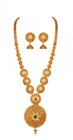 JFL - Jewellery for Less Latest Traditional Stylish 1gram Gold Plated Design Polki Red & Green Pearl Drop Long Bridal Haram Temple South Indian Necklace Set with Jhumki Earring for Women & Girls.
