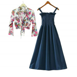 Khushyog Women Fancy Gorgeous Export Quality Women Crepe Trendy and Unique Design Maxi Dress with Printed Shrug Set - Blue (M)