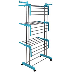 LIVINGBASICS 3 Tier Premium Heavy Duty Stainless Steel Foldable Cloth Drying Stand/Clothes Stand for Drying/Cloth Stand/Clothes Dryer/Laundry Racks for Drying - Indoor/Balcony (Cyan Blue)