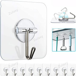Zulaxy Wall Hanging Hooks for Wall Without Drilling, 10 Pack Self Adhesive Hooks for Wall Heavy Duty Strong Nail Free, Kitchen Accessories Items (Hanging Hook, Transparent) Stainless Steel