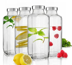 Piraml Square Glass Bottle Travel Drinking Fridge Glass Bottle with Stainless Steel Lid for Home, Travel, Juicing, Water, Smoothie 1liter Glass Bottle (1000ml French Square Bottle, Set Of 4)