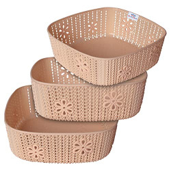 Heart Home Woven Design Multipurpose Square Shape Basket Ideal for Friuts, Vegetable, Toys Small, Medium, Large Pack of 3 (Light Brown)