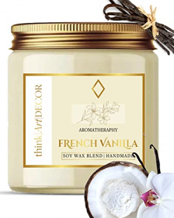 ThinkArtDecor Scented Soy Wax Jar Candle 450 gm, Organic Luxury Aroma Up to 35 Hours, French Vanilla, Aromatic/Aromatherapy Votive Candle with 2 Scented Tealights