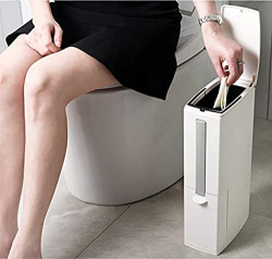 MosQuick Slim Plastic Trash Can 1.3 Gallon, Trash can with Toilet Brush Holder, 5 Liter Garbage Can with Press Top Lid, White Rectangular Modern Waste Can for Bathroom