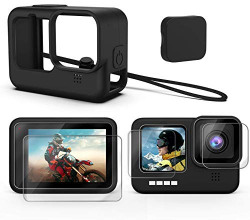 Yantralay Silicone Lanyard Sleeve Protective Cover + 6PCS Tempered Glass Screen Guard with Silicone Lens Cover Compatible with Hero12/11/10& 9 Black Action Camera Accessories