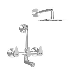 Zap Nova Series High Grade 100% Brass 2 in 1 Wall Mixer With Overhead Shower Set and 125 mm Long Bend Pipe- Hot/Cold Knobs With Chrome Finish and Faucet Cleaner
