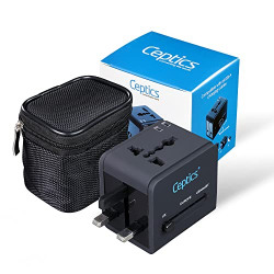 Universal Travel Adapter, Ceptics Travel Adapter with Universal Input and 2 USB Ports, 3 in 1 Universal Adapter for Cell Phones, Tablets, Cameras, India to UK, Europe, Australia & More