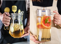 Finster Premium Design Glass Water Juice Jug Combo (1.8 Liter & 1.3 Liter - Set of 2) with Lid and Handle Pitcher Transparent | Serve Water | Beverages | Iced Tea | Juices | Cocktail | Milk | Shakes