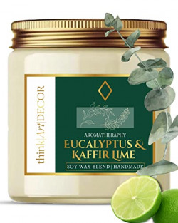 ThinkArtDecor Scented Soy Wax Jar Candle 450 gm, Organic Luxury Aroma Up to 35 Hours, Eucalyptus & Kaffir Lime, Aromatic/Aromatherapy Votive Candle with 2 Scented Tealights