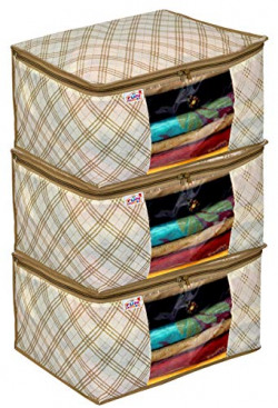 Fun Homes Metalic Checkered Print 3 Piece Non Woven Fabric Saree Cover/Clothes Organiser For Wardrobe Set with Transparent Window, Extra Large (Ivory)-FUHHNH16503
