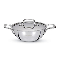 Bergner TriPro Triply Stainless Steel Deep Kadhai with Stainless Steel Lid 26 cm, 3.95 litres, Heavy Bottom, Induction Base, Silver, Gas Ready