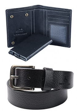 HIDE & SKIN Leather Wallet with Detachable Card Case for Men and Belt Combo Gift Box. (Black)