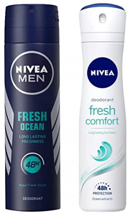 Nivea Fresh Ocean Deodorant for Men, 150 ml & NIVEA Women Deodorant, Fresh Comfort, Long Lasting Freshness & 48h Protection, 150 ml