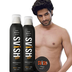 Svish On The Go Hair Removal Spray for Men Pack of 2 | Painless Body Hair Removal Cream Spray For Chest, Back, Legs & Under Arms & Intimate Areas (2 x 200 ml)| Post Hair Removal Cream (50gm)