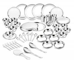 Classic Essentials Stainless Steel Dinner Set (Pack of 51) | Plain Design | Steel Bartan Set | Shagun Set, Bartan Set | Kitchen Set for Home | Heavy Gauge Steel Dinner Set | Kitchen Set Stainless Steel