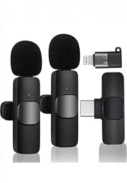 Dual Receivers (2 - Mics, 1 Input) Wireless Collar Microphone Lapel Lavalier Mic Plug & Play Mike - Vlogging Interview Live Streaming YouTube For iOS iPhone, All Android Phone Tablets any Type C Ports