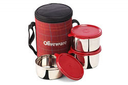 SOPL-OLIVEWARE Absolute Lunch Box | Stainless Steel Containers | Ideal for Office Use | Insulated Fabric Bag | Leak Proof | Full Meal & Easy to Carry (Absolute Lunch Box, Red)