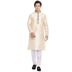 Devoiler Men Off White Thread Work Design Loop Button Silk Blended Kurta L