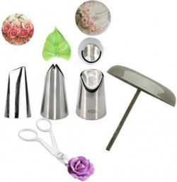 MARHABA TRADERS Rose, Leaf and Sunflower Cake Decorating Nozzle with Flower Nail and Lifter Steel Multi-opening Icing Nozzle(Steel Pack of 5)