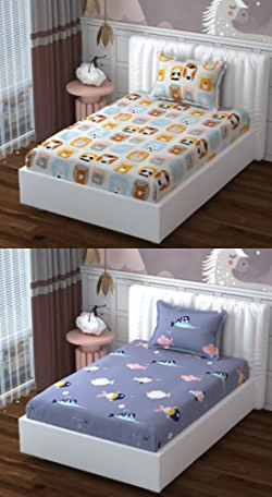 RRB Textile Cotton Super Soft Single Bedsheet For Kids Room Combo (Pack of 2) With 2 Pillow Covers|Thread Count-160|Long Lasting & Wrinkle Free-60 * 90 Inches (Off White:Latin Blue)