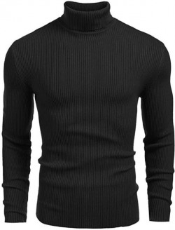 Men Solid High Neck Black Sweater