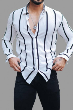 Men Slim Fit Striped Mandarin Collar Formal Shirt