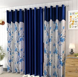 Texvadi Home Polyester Flower Print Curtains Set of 3,Floral and Plain Curtains (Blue , Window (4 Feet X 5 Feet)), Room Darkening; Noice Reductant