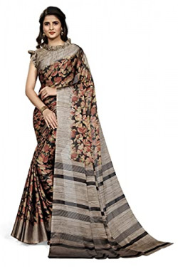 MIRCHI FASHION Women's Chiffon Leaf Printed Saree with Blouse Piece (M28575-Black, Red, Beige)