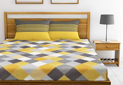 LORETO  A QUALITY LINEN BRAND 144 TC 100% Cotton Bedsheet for Double Bed with 2 Pillow Covers - Yellow & Grey, Checkered