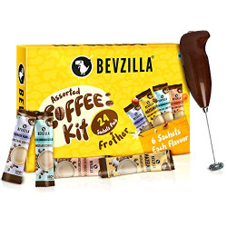 Bevzilla 24 Flavoured Coffee Sachets & Frother Coffee Kit (24 X 2 Gram Sachets) | Makes 24 Cups | 6 Sachets Each Flavour | Turkish Hazelnut, Colombian Gold, French Vanilla & English Butterscotch | 100% Arabica Coffee