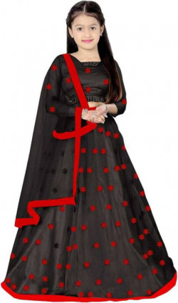 Girls Lehenga Choli Ethnic Wear Floral Print Lehenga, Choli and Dupatta Set(Black, Pack of 1)