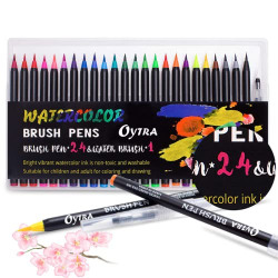 Oytra Brush Pen Set of 24 Shades for Calligraphy Water Color Art Supplies Sketch Pens for Painting Coloring Journaling Drawing Mandala Doodle Craft for Artists Professionals Adults