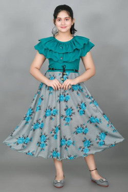 Girls Calf Length Festive/Wedding Dress(Grey, Cap Sleeve)